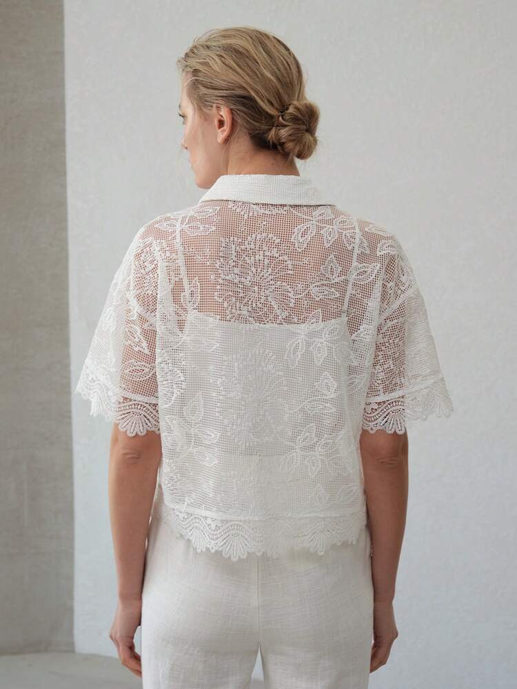 LACE SHEER BUTTON UP BLOUSE