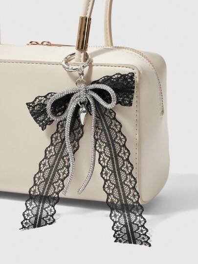 Kawaii 1pc Black Lace Bowknot Pearl Keychain Bag Charm