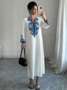 Elenzga Long Robe Dress For Women, New Fashionable Loose Printed Robe - White - View 4