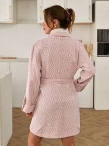 EURMUSE 女士全印花翻领卷袖单排扣宽松羊毛混纺夹克，时尚优雅 - 淺粉色 - 查看 2