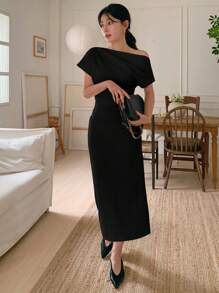 DAZY 女士优雅纯色斜肩束腰中长连衣裙优雅太阳裙 - 黑色 - 查看 4