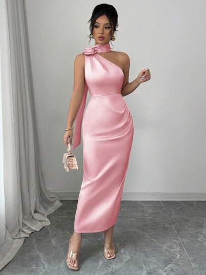 Lyxana Elegant Sexy French Satin Ribbon Asymmetric Neck Neckline 3D Flower Cinched Waist Ruched Bodycon Dress