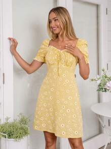 SHEIN VCAY Women's Frill Tie-Up Puff Sleeve A-Line Ditsy Floral Romantic Vacation Dress - Yellow - View 3