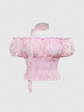 Kawaii Camiseta ajustada con cuello de encaje a la altura del hombro, cintura anudada, en talla grande