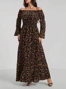 SHEIN Tall Vestido casual com estampa de leopardo, linha A, frente com babados, bainha com babados e fenda alta, estilo boêmio outono/inverno - Castanho - Ver 5