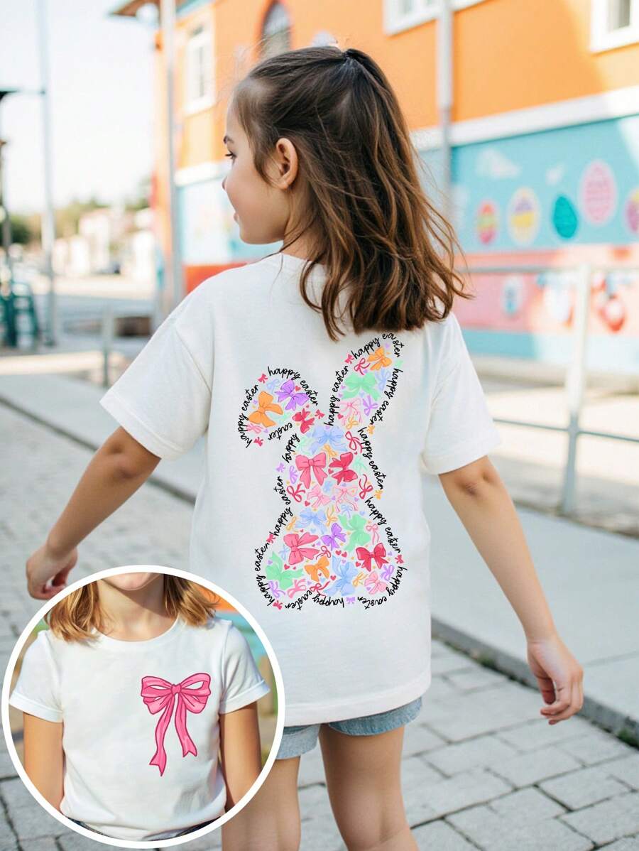SHEIN Explorewe Girls Easter Graphic T-Shirt With Big Pink Bow Print On Front & Colorful Bow-Shaped Bunny Print On Back, Casual & Fashionable Design For Holiday Gatherings And Daily Outings - White - View 1