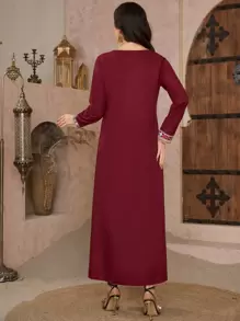 Al Najma Women's Spring/Summer Retro Pattern Turkish Kaftan & Arabic Traditional Long Robe,Modest - Burgundy - View 2