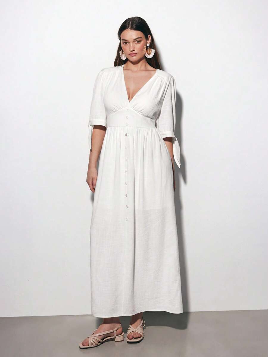 Maija 大码女式夏季波西米亚度假沙滩短袖长裙、全白女装毕业礼服、婚礼宾客礼服、女士沙滩装、外出礼服、女士度假礼服、优雅商务休闲女装、女士演唱会服装 - 白色 - 查看 1