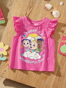 CoComelon X SHEIN Baby Girl Cartoon Graphic Cloud Print Cap Sleeve Round Neck Pink T-Shirt - Hot Pink - View 3