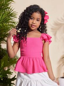 SHEIN Blusa rosada con manga corta, textura de tela, diseño de lazo en la espalda y dobladillo con volantes para niña preadolescente - Rosa - Ver 2