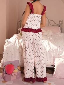 Damen Herzdruck Kontrast Farbe Rüschen Saum Spaghetti Träger Jumpsuit Schlafanzug Set