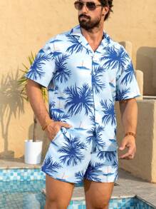 Manfinity Swimmode 男士度假棕榈树印花衬衫和短裤海滩装