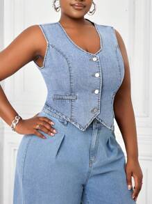 SHEIN Lady 大码牛仔上衣休闲无袖背心蓝色夏季上衣女士夏季服装圣帕特里克复活节 100% 纯棉 - 淺色水洗藍 - 查看 1