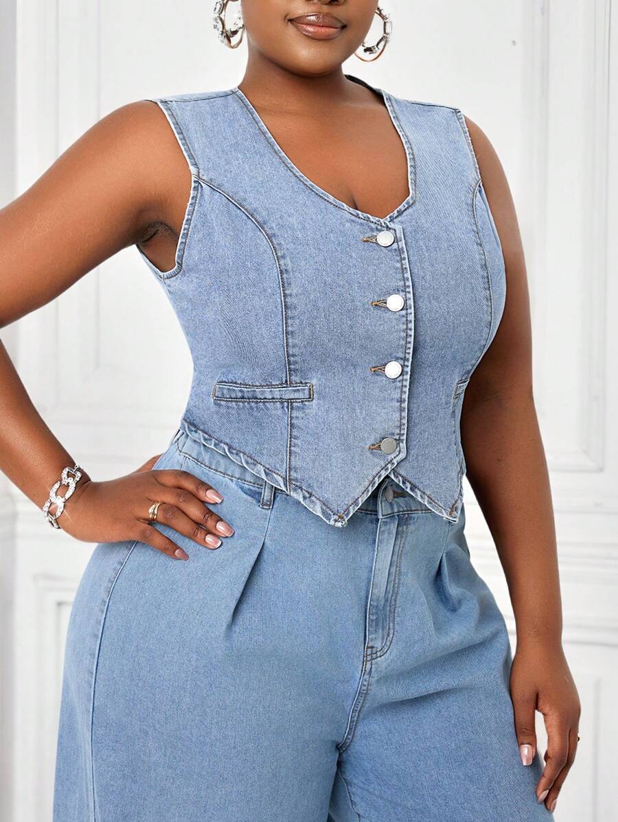 SHEIN Lady 大码牛仔上衣休闲无袖背心蓝色夏季上衣女士夏季服装圣帕特里克复活节 100% 纯棉 - 淺色水洗藍 - 查看 1