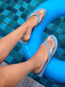 Grefit Women's Outdoor Fashion Blue Cloth Flat Sandals, Comfortable Flip Flops For Casual, Holiday, Beach Spring Shoes Spring Break Easter For Casual Beach Style - Blue - View 3