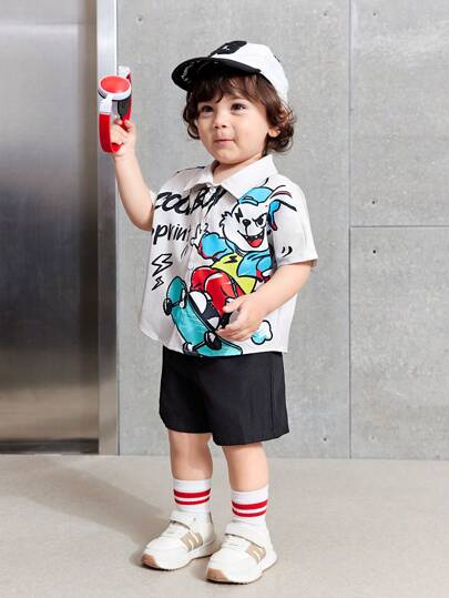 SHEIN Leap Crew 2pcs Baby Boy Cartoon Rabbit Print Short Sleeve Top & Solid Elastic Waist Shorts Set