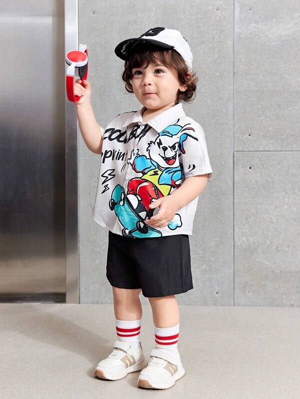SHEIN Leap Crew 2pcs Baby Boy Cartoon Rabbit Print Short Sleeve Top & Solid Elastic Waist Shorts Set