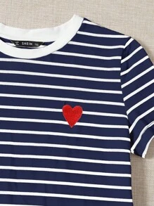 SHEIN EZwear 大码夏季休闲简约条纹心形刺绣短袖 T 恤 - 藏蓝色 - 查看 3