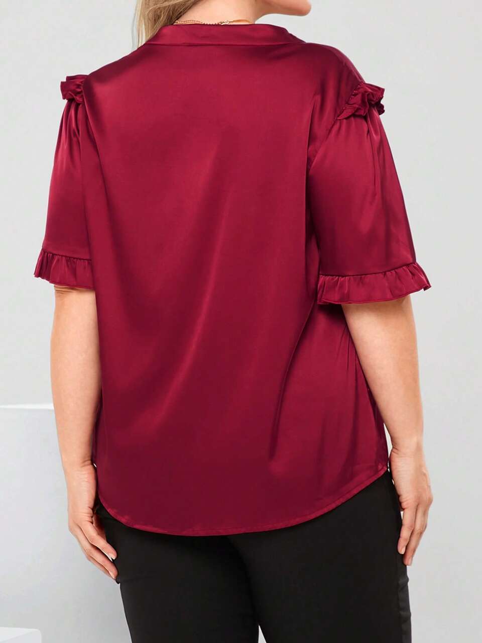Plus Size Simple Angora Red Notched Neck With Ruffle Sleeves Elegant Blouse Summer Spring For Women Wedding Guest Women Mature Elegant Woman