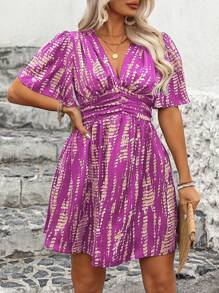 Breezaya 大码女式扎染印花 V 领短袖褶皱休闲连衣裙 - 紫丁香色 - 查看 3