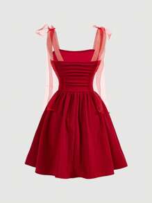 SHEIN PETITE Red Mesh Strap Gathered Romantic Summer Dress Perfect For Vacation - Red - View 2