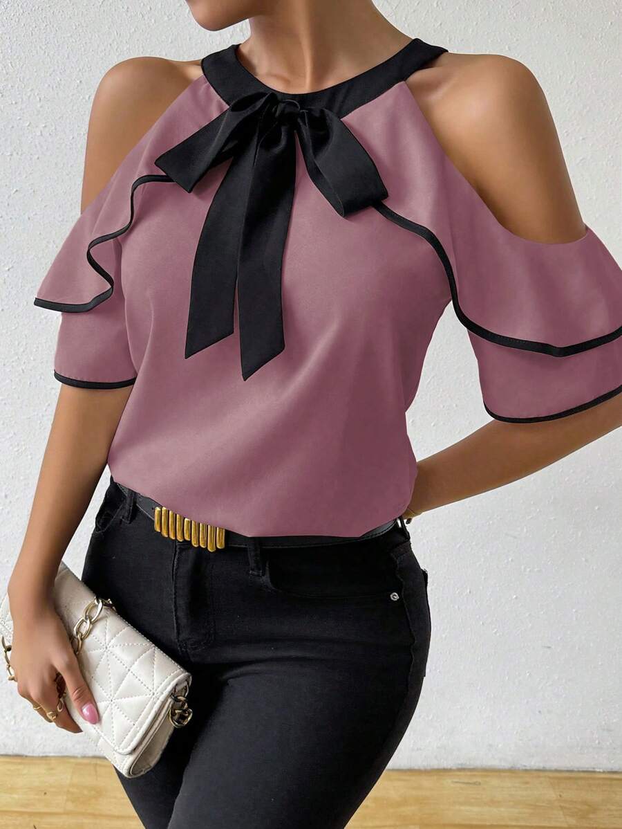Chiquease Women's Elegant Commuting Color Contrast Tie Neck Off Shoulder Ruffle Blouse - Purple - View 1