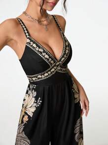 SHEIN PETITE Women's Floral Print Bohemian Style Jumpsuit - Black - View 2