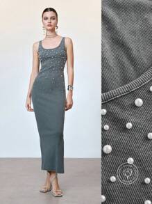 SHEIN Unity Women's Sand Washed Elegant Pearl Decor Cotton Slim Fit Bodycon Tank Maxi Dress,Charcoal Gray Summer Dinner Date Vacation Beach Wear Outfit - Grey - View 9