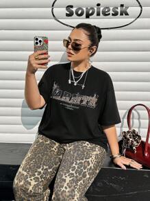 SHEIN EZwear Plus Size Casual Loose Short Sleeve Printed Black T-Shirt,Summer Everyday For Women,Beach Brunch,Spring Break,Concert,Rave Festival,Country Concert - Black - View 4