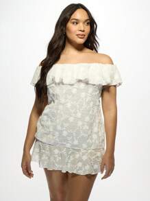 MISSGUIDED PLUS Plus Size Off-Shoulder Ruffle Mini Dress Summer Vacation Beach Resort Wear Ruffled Bardot Neckline Semi-Sheer Flirty Evening Party Dress - White - View 5