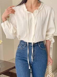 DAZY 女士纯色 V 领褶裥前扣优雅长袖衬衫，返校服装学院风上衣，秋季女装 - 杏色 - 查看 6