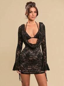 SHEIN BAE 女士黑色蕾丝长袖镂空后背性感深 V 领紧身迷你连衣裙，适合情人节、度假和日常穿着
