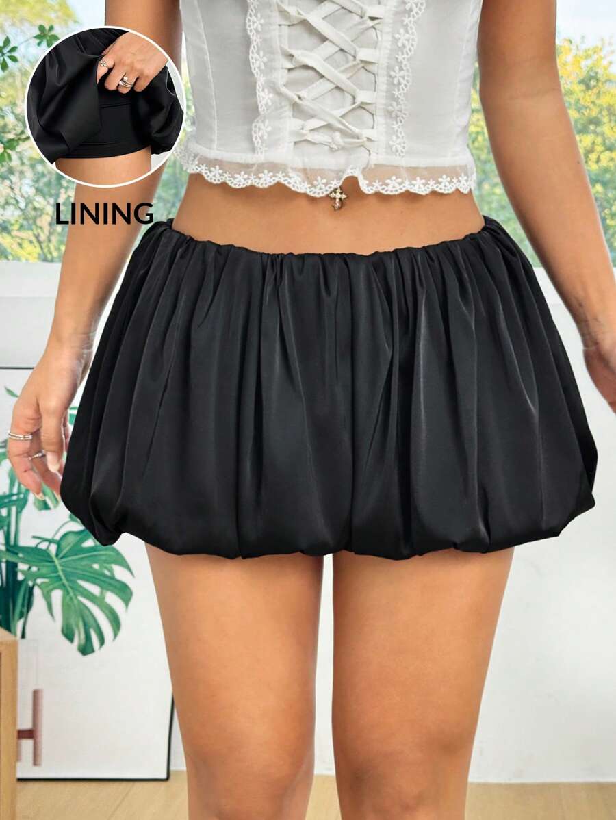 SHEIN EZwear 女士新款春夏花卉荷叶边下摆黑色半身裙,休闲时尚,适合日常穿着 - 黑色 - 查看 1