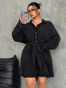 SHEIN EZwear 大码纯色前扣长袖连体衣 - 黑色 - 查看 6