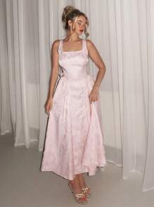 Relinas 早春新款女士方领蝴蝶结后绑带泡泡袖休闲派对中长连衣裙