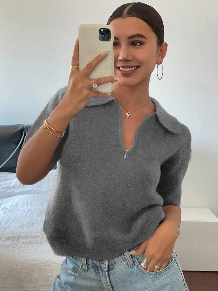 Women's Fitted Short Sleeve Polo Collar Zip Up Knit Top, Casual Solid Color,Fall Clothes