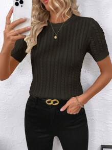 SHEIN LUNE 时尚博主同款麻花绳设计休闲针织圆领毛衣欧美新款 - 黑色 - 查看 5