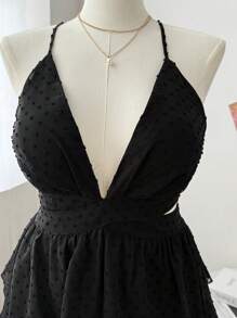 Sweetra 大码女式黑色镂空优雅浪漫度假深 V 领细肩带分层下摆连衣裙 - 黑色 - 查看 4