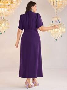 Modelyn Plus Size Women Rhinestone Decor Petal Short Sleeve Side Tie Waist Elegant Dress - Purple - View 3