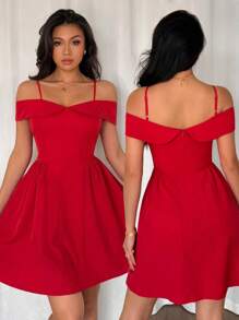 Chiquease Fashionable Off Shoulder Ruched Waist Mini Dress, Versatile For Daily Wear - Red - View 1