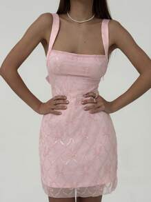 Aloruh Women's Sequins Bowknot Contrast Mesh Backless Dress - Pink - View 5