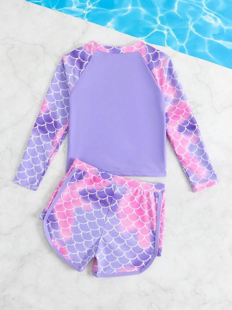 Young Girl Fitted Round Neck Long Sleeve Swimwear With Swimshorts, Suitable For Beach Holiday In Summer - Mauve Purple - View 2