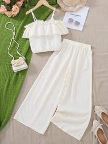 2pcs Tween Girl Textured Fabric Off Shoulder Camisole With Wide-Leg Pants Vacation Set, Spring/Summer - Apricot - View 1