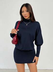 SHEIN PETITE 女式时尚高领蝙蝠袖露背紧身迷你连衣裙