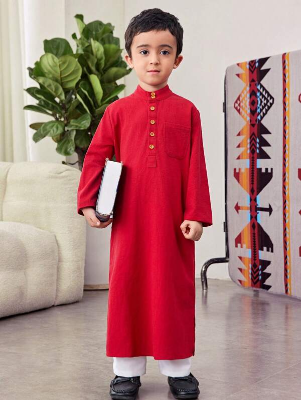 SHEIN 1 pieza Bata de caftán de manga larga con cuello alto, de ajuste holgado y estilo deportivo para niños, cómoda y versátil, apropiada para verano, fiestas de cumpleaños, banquetes y bodas