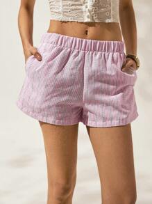 Easelle Women's Casual Pink Woven Striped Shorts - Multicolor - View 4