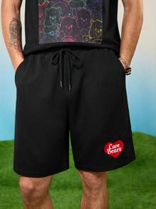 SHEIN X Care Bears 男式中性休闲针织霓虹条纹和熊印花黑色 T 恤和黑色短裤 2 件套 - 黑色 - 查看 5