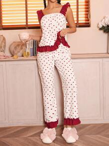 Damen Herzdruck Kontrast Farbe Rüschen Saum Spaghetti Träger Jumpsuit Schlafanzug Set