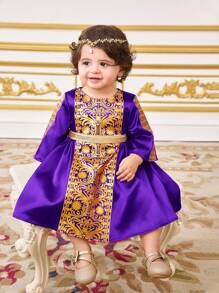 SHEIN Toddler Girls' Elegant Summer Color-Block Gold Pattern Dress - Purple - View 5