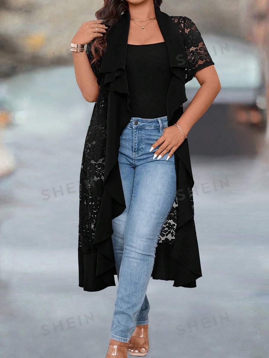 SHEIN LUNE Damen Große Größen elegante Lässig Spitze Patchwork Kontrastmaterial Jacke